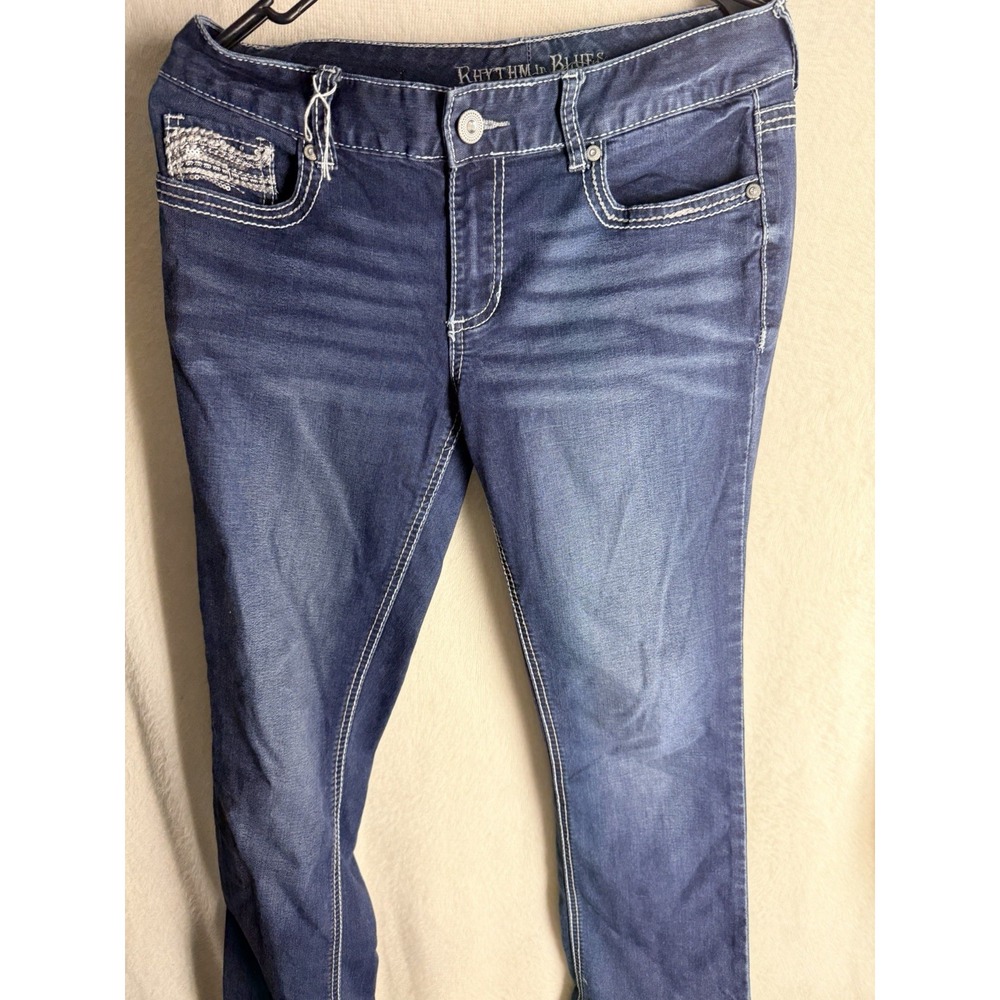 Rhythm in Blues Jeans Womens 6 Short Dark Wash Bling Embellished Sequin Pocket